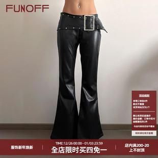长裤 FUNOFF 轻亚修身 街头黑色皮革铆钉金属扣拉链低腰喇叭裤 美式