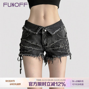 热裤 FUNOFF 绑带修身 复古黑色翻腰头铆钉毛边低腰牛仔短裤 夏 美式