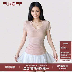 T恤简约百搭显瘦针织上衣夏 少女感藕粉色V领收腰短袖 FUNOFF 美式