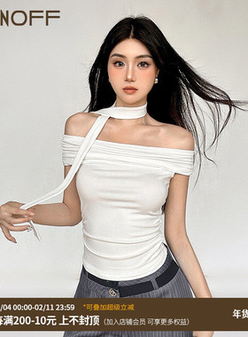 FUNOFF 简约一字肩白色短袖T恤女打结两穿修身露锁骨性感针织上衣