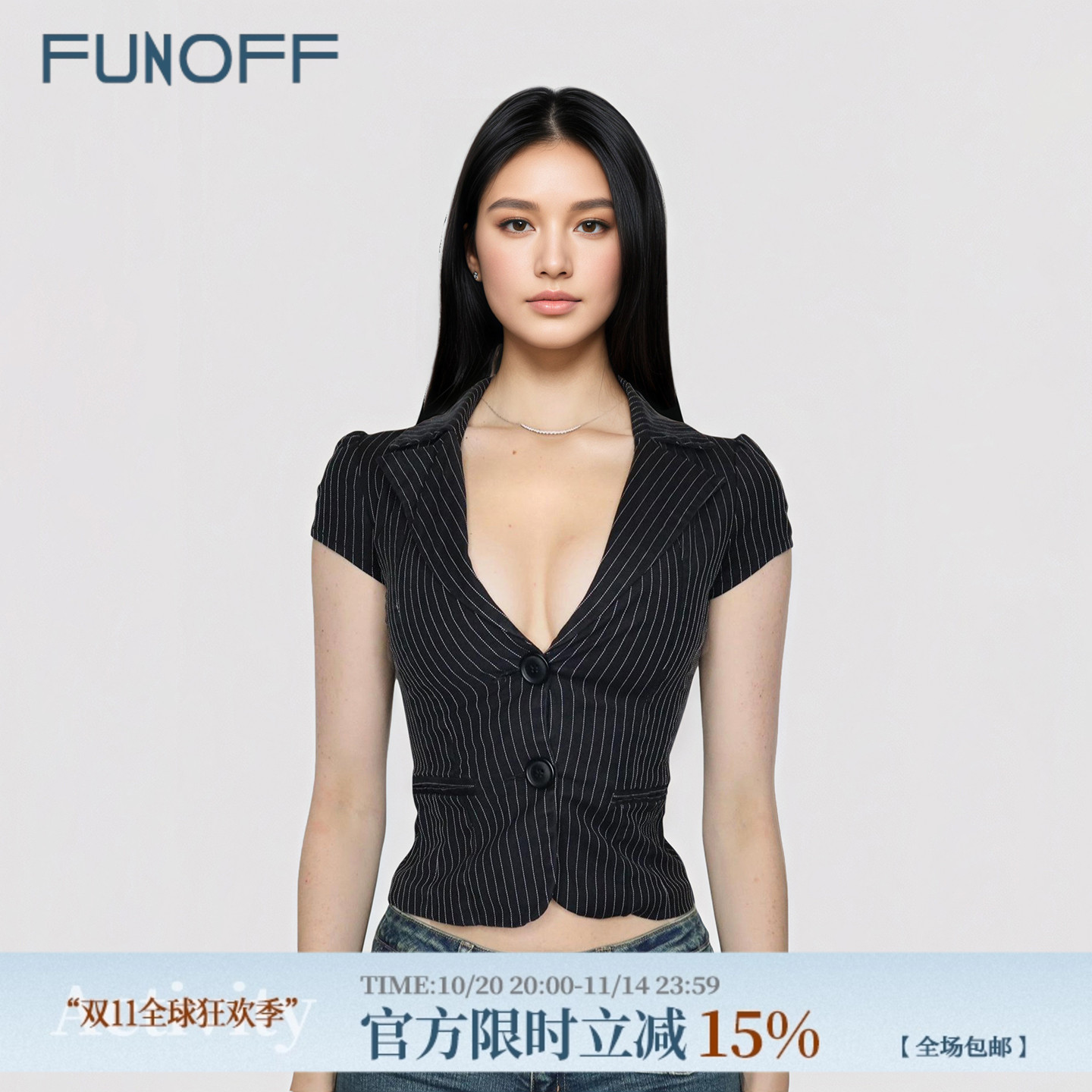 FUNOFF 海妖风黑色条纹低胸V领短袖衬衫性感翻领收腰纽扣西装上衣