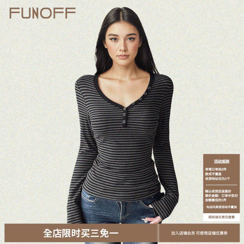 美式复古深灰色条纹V领长袖T恤秋