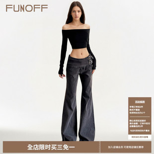 微喇休闲长裤 FUNOFF 简约修身 复古灰色金属扣低腰弹力牛仔裤 美式