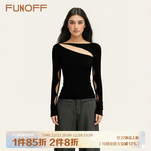 圆领长袖 街头黑色镂空修身 T恤街舞爵士解构收腰上衣女 美式 FUNOFF