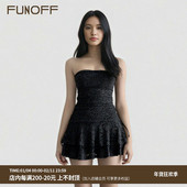 FUNOFF 复古黑色蕾丝拼接收腰抹胸连衣裙性感露锁骨A字蛋糕短裙夏
