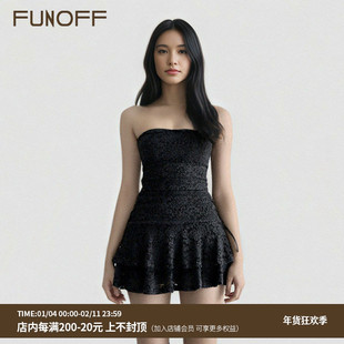 FUNOFF 复古黑色蕾丝拼接收腰抹胸连衣裙性感露锁骨A字蛋糕短裙夏