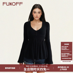 少女感bm风收腰针织上衣秋 复古黑色纽扣低胸喇叭长袖 FUNOFF 法式