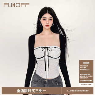 上衣两件套装 罩衫 bm白色提花绑带抹胸背心黑色百搭长袖 FUNOFF法式