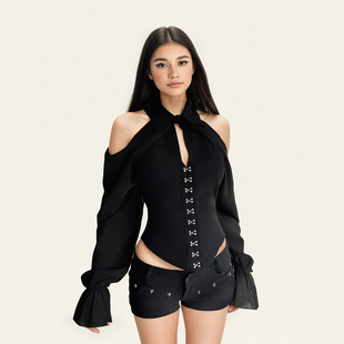 衬衫 复古露肩排扣镂空喇叭长袖 街头机能露背束腰上衣 美式 FUNOFF