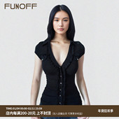 FUNOFF 性感褶皱收腰T恤上衣 衬衫 美式 复古黑色低胸深V领口袋短袖
