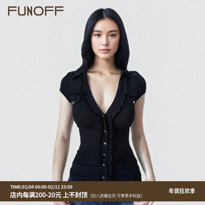 复古黑色低胸V领口袋短袖衬衫夏