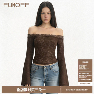 T恤2026春收腰上衣女 复古棕色蕾丝拼接一字肩喇叭长袖 FUNOFF 美式