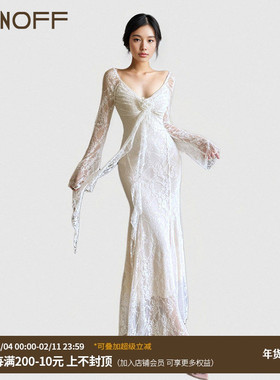 FUNOFF 法式复古白色玫瑰喇叭长袖连衣裙气质飘带收腰鱼尾长裙女