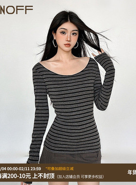 FUNOFF 复古灰色miu系条纹斜肩轻薄长袖罩衫秋修身圆领T恤上衣女
