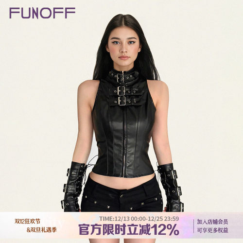 街头黑色皮革拉链金属扣无袖背心