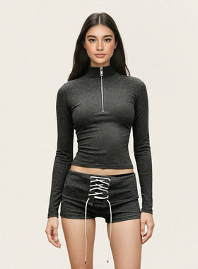 FUNOFF 美式复古灰色拉链高领长袖T恤上衣绑带低腰短裤两件套装女