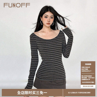 秋修身 罩衫 圆领T恤上衣女 复古灰色miu系条纹斜肩轻薄长袖 FUNOFF