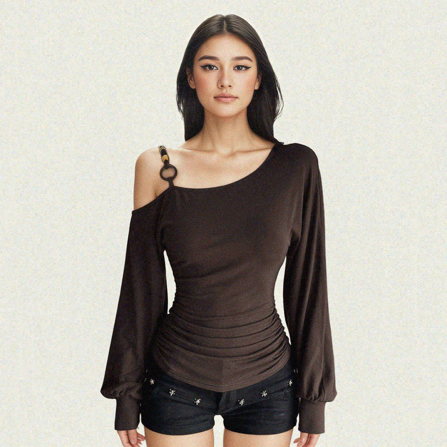 FUNOFF美式复古棕色斜肩串珠灯笼长袖T恤2026秋冬露肩收腰上衣女