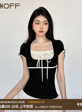 FUNOFF 法式方领撞色蝴蝶结蕾丝黑色短袖上衣甜美方领修身T恤女夏