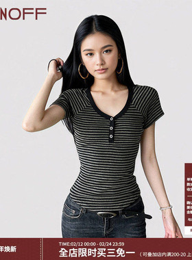 FUNOFF 美式复古黑灰条纹排扣插肩短袖T恤2025夏简约基础收腰上衣