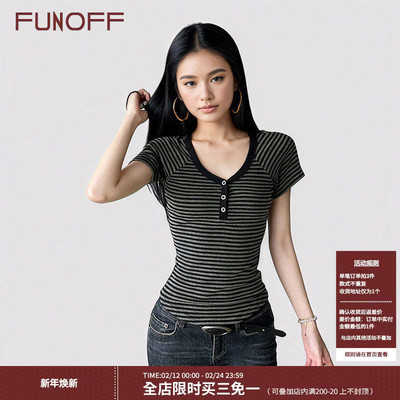 美式复古黑灰条纹排扣插肩短袖T