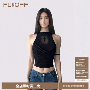 FUNOFF 美式街头黑色荡领十字架无袖背心复古亚文化露脐收腰上衣