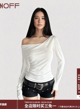 FUNOFF 美式简约白色斜肩荡领长袖T恤秋不规则露肩收腰百搭上衣女
