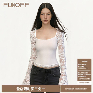 T性感黑色透视修身 复古白色蕾丝拼接低胸长袖 收腰上衣 法式 FUNOFF