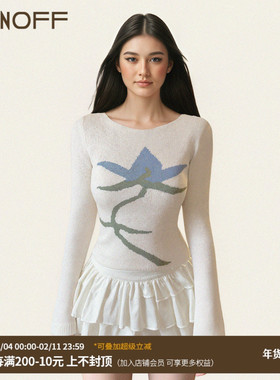 FUNOFF 复古植物花卉白色长袖毛织罩衫简约基础透视圆领收腰上衣