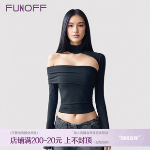 FUNOFF T恤街舞辣妹收腰露臍上衣女 街頭黑色結(jié)構(gòu)鏤空露肩長袖 美式