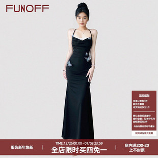 FUNOFF黑色立体蝴蝶荡领挂脖吊带连衣裙性感蕾丝收腰鱼尾包臀长裙