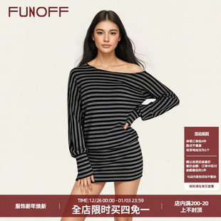 连衣裙简约宽松收腰包臀短裙女 复古撞色条纹斜肩长袖 FUNOFF 美式
