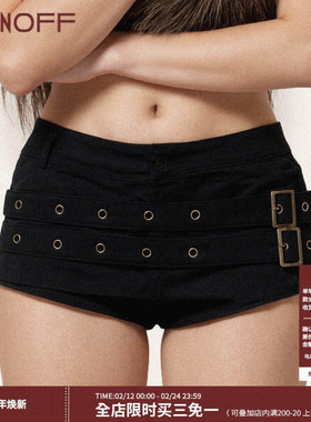 FUNOFF 美式复古黑色日字扣鸡眼低腰短裤街头轻亚修身超短热裤女