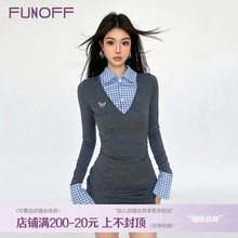 FUNOFF 格雷miu系灰色格纹拼接POLO领连衣裙2025春学院风包臀短裙