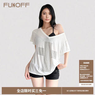 T恤街头十字架显瘦百搭上衣 复古V领斜肩烫钻宽松短袖 FUNOFF 美式