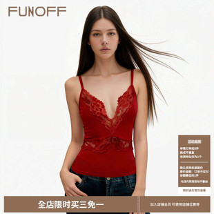 收腰上衣女 复古红色蕾丝镂空V领吊带背心性感透视修身 FUNOFF 美式
