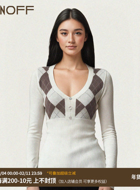 FUNOFF 美式复古低胸收腰毛织长袖2025秋冬学院风菱格打底衫上衣