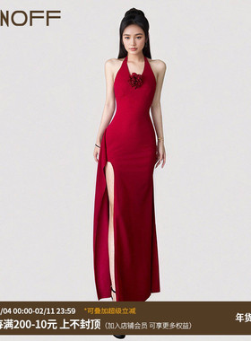 FUNOFF东南亚度假风红色立体花卉挂脖吊带连衣裙性感开叉包臀长裙