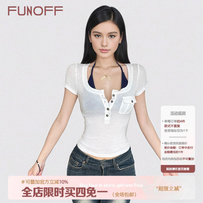 美式复古白色V领排扣真两件短袖T