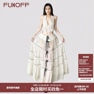 FUNOFF 女 海滩度假风网纱挂脖绑带吊带背心蝴蝶结A字半身长裙套装