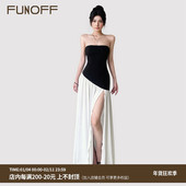 FUNOFF 气质黑白撞色斜边开叉抹胸连衣裙露锁骨性感收腰A字长裙女