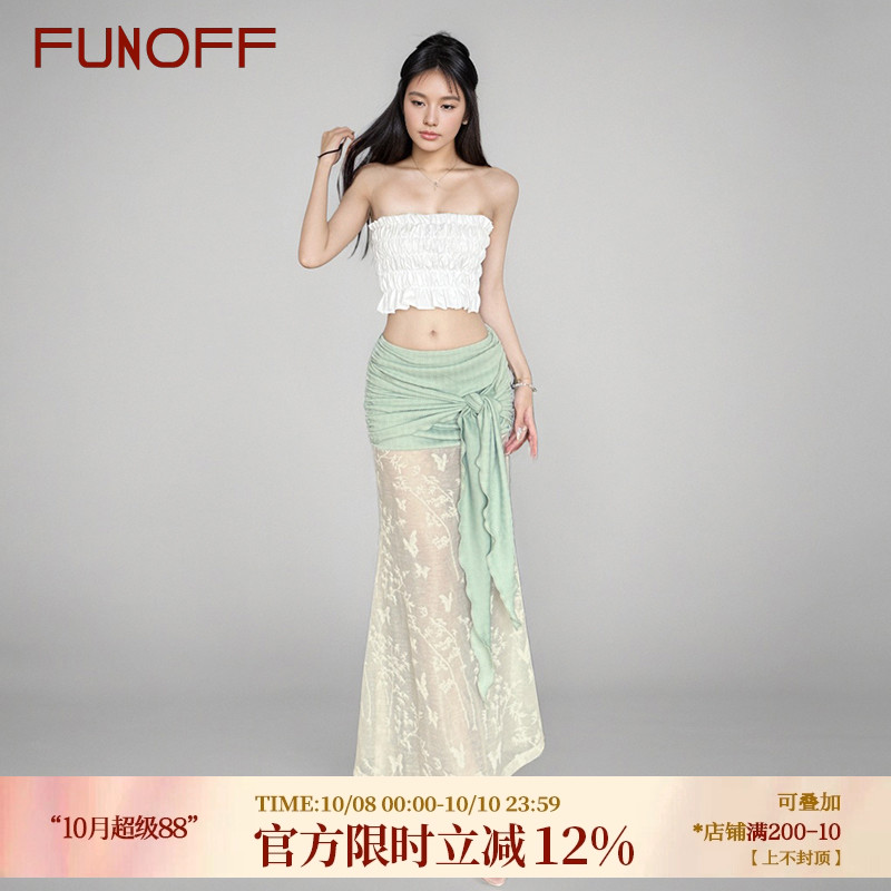 FUNOFF 新中式绿色蕾丝绑带透视半身裙复古性感褶皱低腰鱼尾长裙