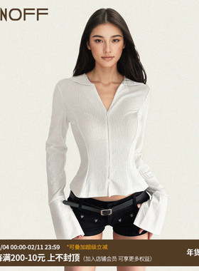 FUNOFF 美式复古白色拉链海军V领长袖衬衫秋简约弹力收腰T恤上衣