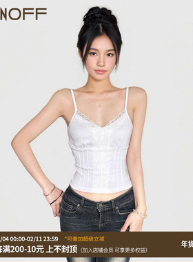 FUNOFF 法式复古蕾丝拼接白色V领背心吊带2025春黑色分割收腰上衣