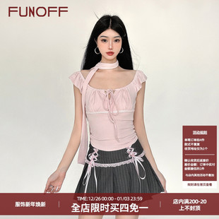 T恤减龄方领镂空围脖收腰上衣 少女感粉色绑带小飞短袖 FUNOFF 法式