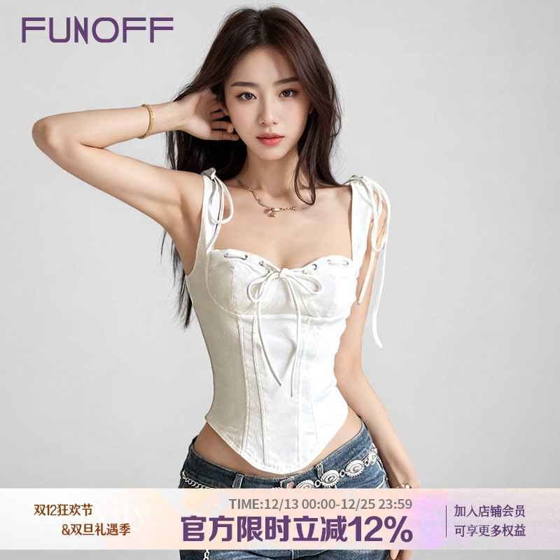 FUNOFF 简约白色绑带分割束腰吊带背心性感低胸分割收腰显瘦上衣