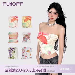 FUNOFF 復(fù)古花卉印花露鎖骨收腰抹胸背心2025夏度假風(fēng)露臍上衣女