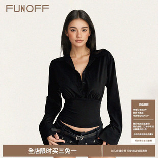 衬衫 复古黑色排扣POLO领长袖 26春海妖风通勤收腰上衣 美式 FUNOFF