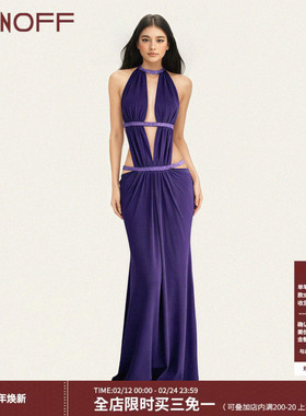 FUNOFF 性感异域紫色镂空露背挂脖连衣裙海岛度假褶皱修身长裙女