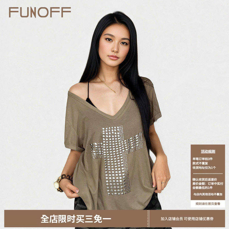 FUNOFF 美式街头V领烫铜十字架斜肩短袖T恤复古亚文化宽松上衣夏